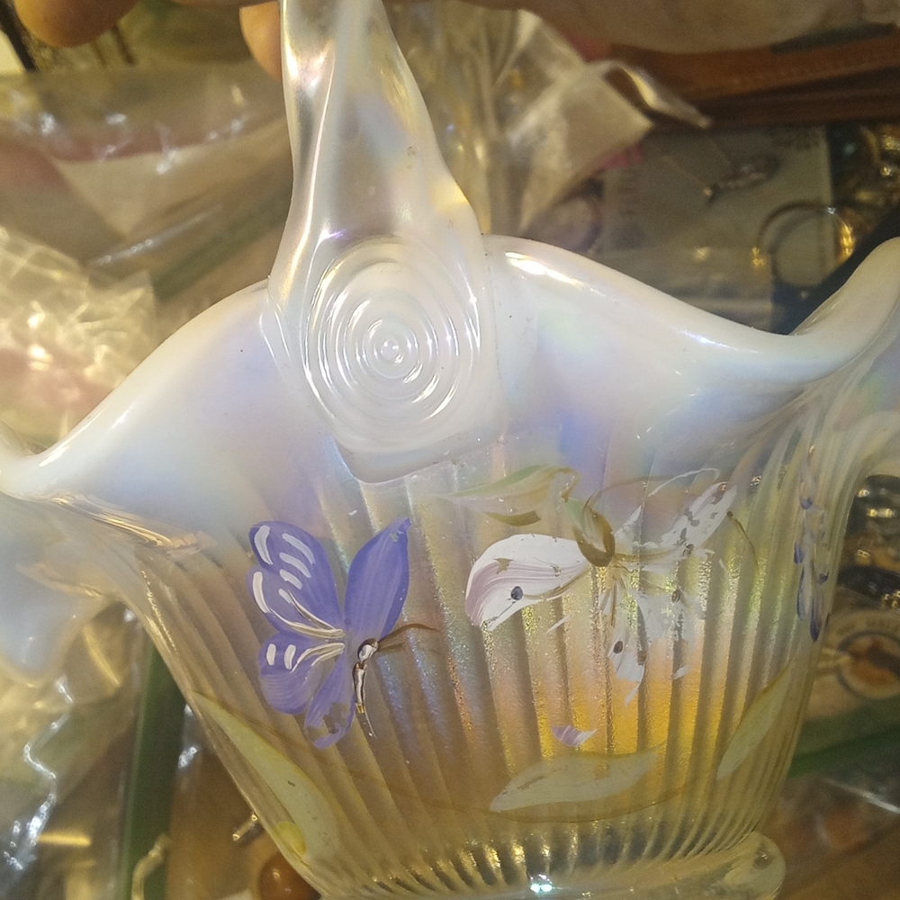 Fenton Hand Signed. Usual Wear. Iridescent Glass Basket with Floral Design